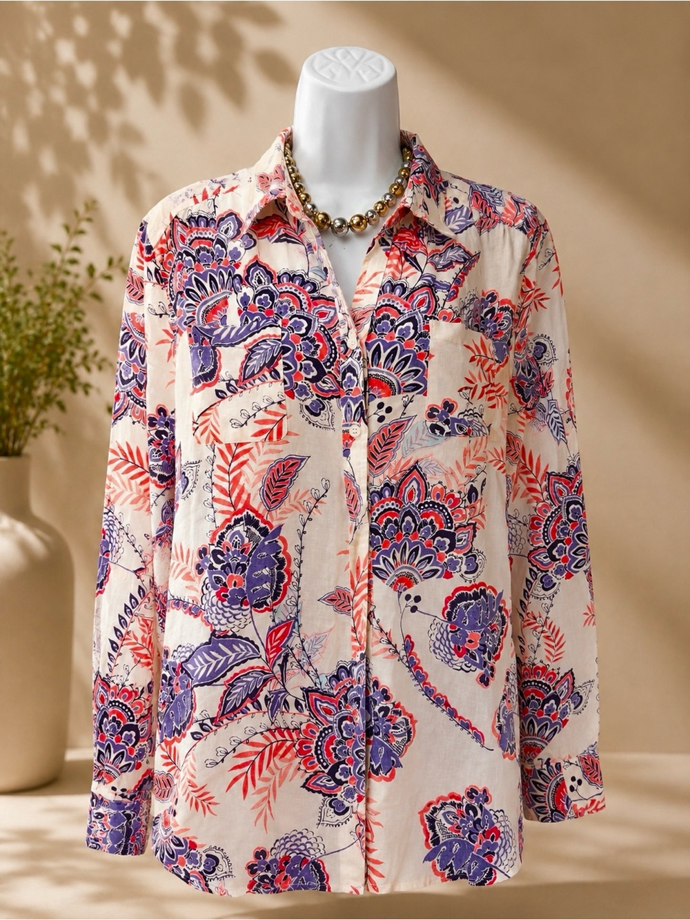 Charter Club Cream Button-Front Blouse with Purple and Coral Floral Print
